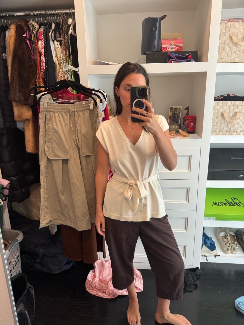 Womens Cream V-Neck Tie-Waist Top